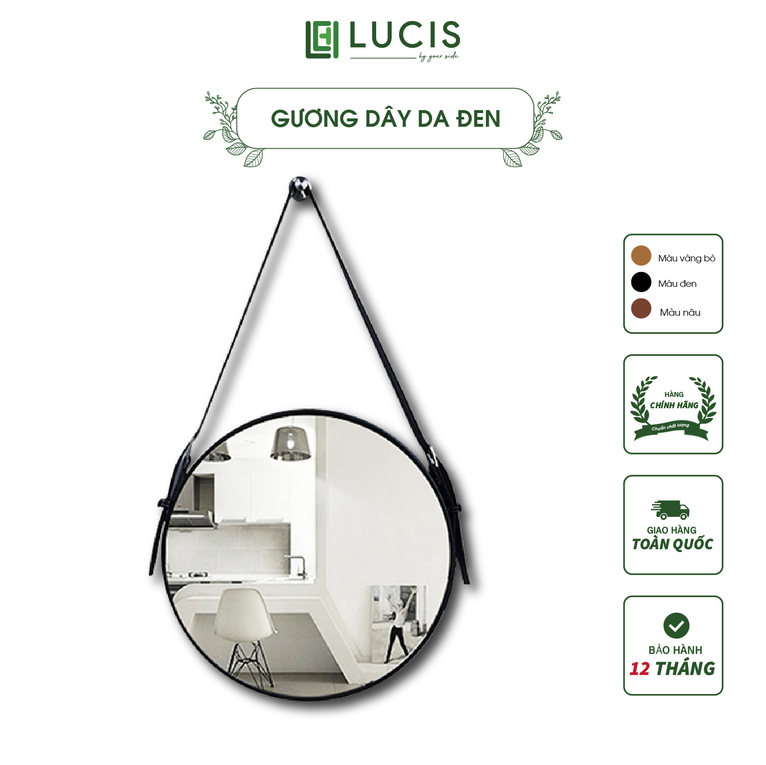 Gương tròn treo tường viền da LUCIS đường kính 50cm - Gương dây da trang trí phòng ngủ phòng khách - Gương để bàn trang điểm