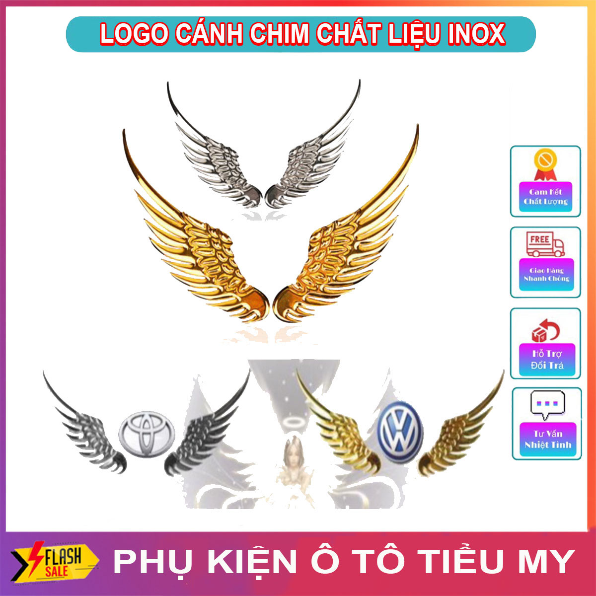 Bộ 2 Cánh Chim Thiên Thần Kim Loại 3D, Logo Cánh Chim Dán Nắp Capo Xe Ô Tô Tạo Điểm Nhấn Cho Xe Hơi