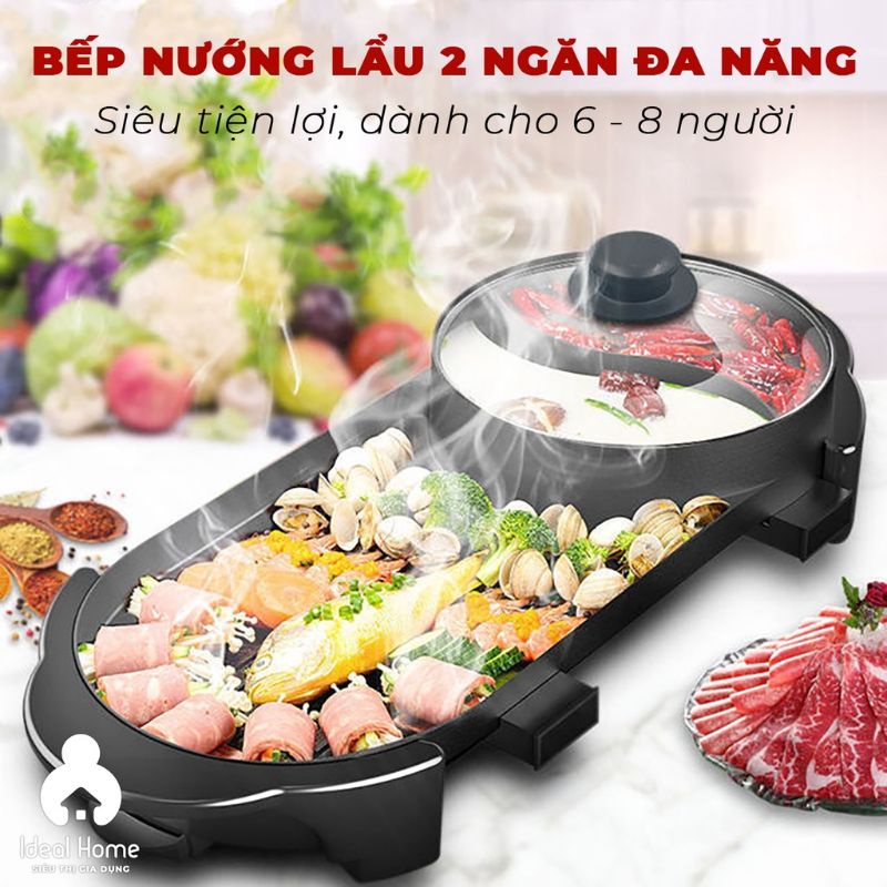 Bếp lẩu nướng đa năng 2 trong 1 Matika MTK-6929 , bếp lẩu nướng dài 2 ngăn , bếp lẩu nướng điện đa năng , nồi lẩu nướng điện đa năng , với 2 nút điều chỉnh nhiệt độ riêng biệt BẢO HÀNH 12 THÁNG