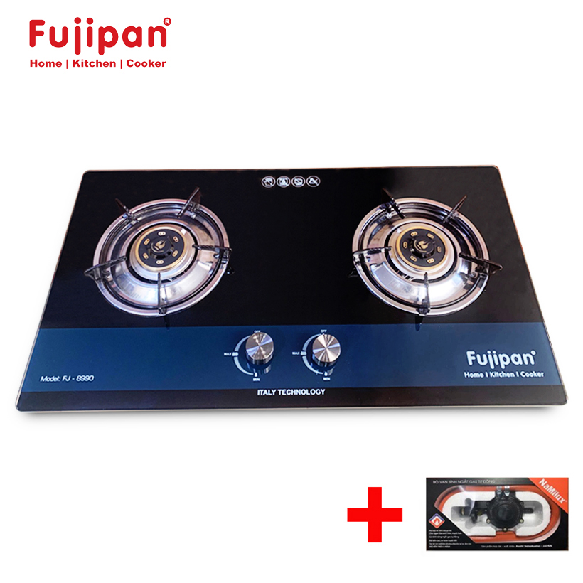 Combo bếp gas âm mặt kính chén đồng fujipan fj-8990-bl - đánh lửa ic + bộ dây van ngắt gas tự động namilux