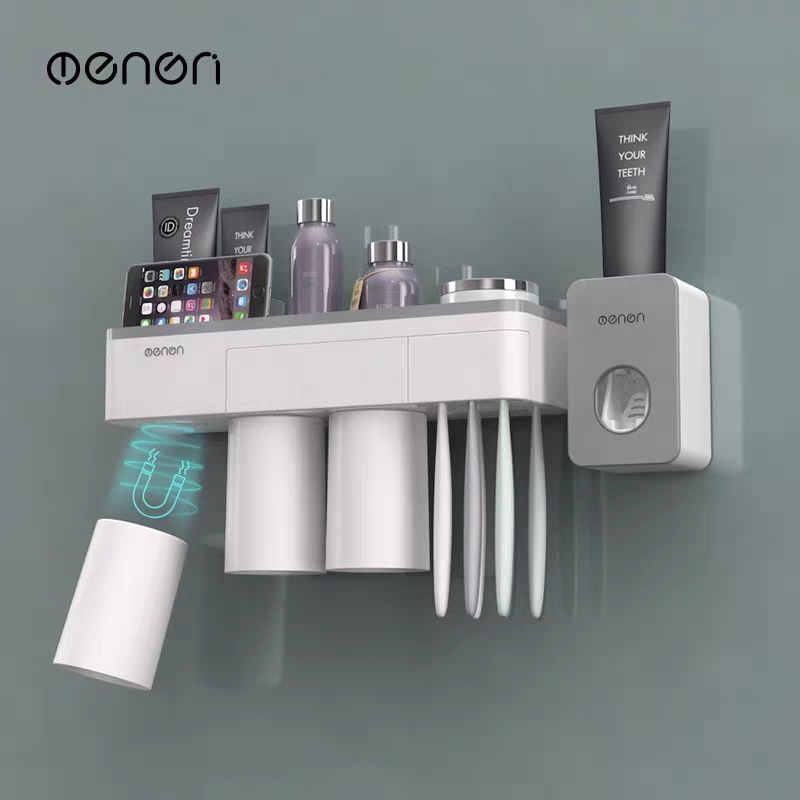 Bộ Nhả Kem Đánh Răng OENON kèm cốc hút từ tính, Kệ treo bàn trải nhà tắm dán tường chịu lực chất liệu nhựa ABS cao cấp - Bảo Hành 1 Đổi 1