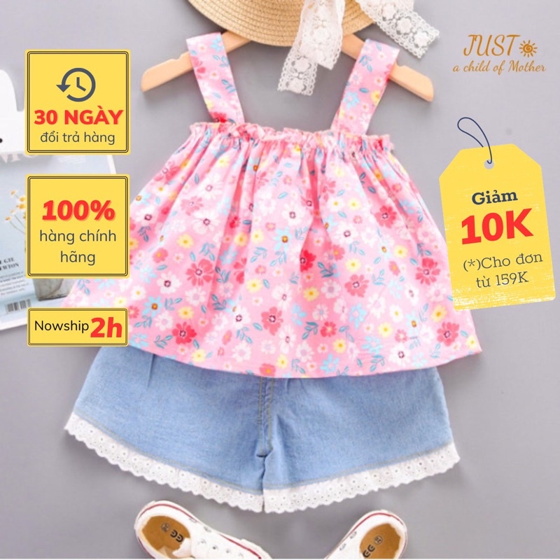 Set bộ 2 dây cho bé gái chất thô hoa mềm mại thoáng mát ,Màu Hồng - Vàng - Xanh ,đủ Size 9-35kg