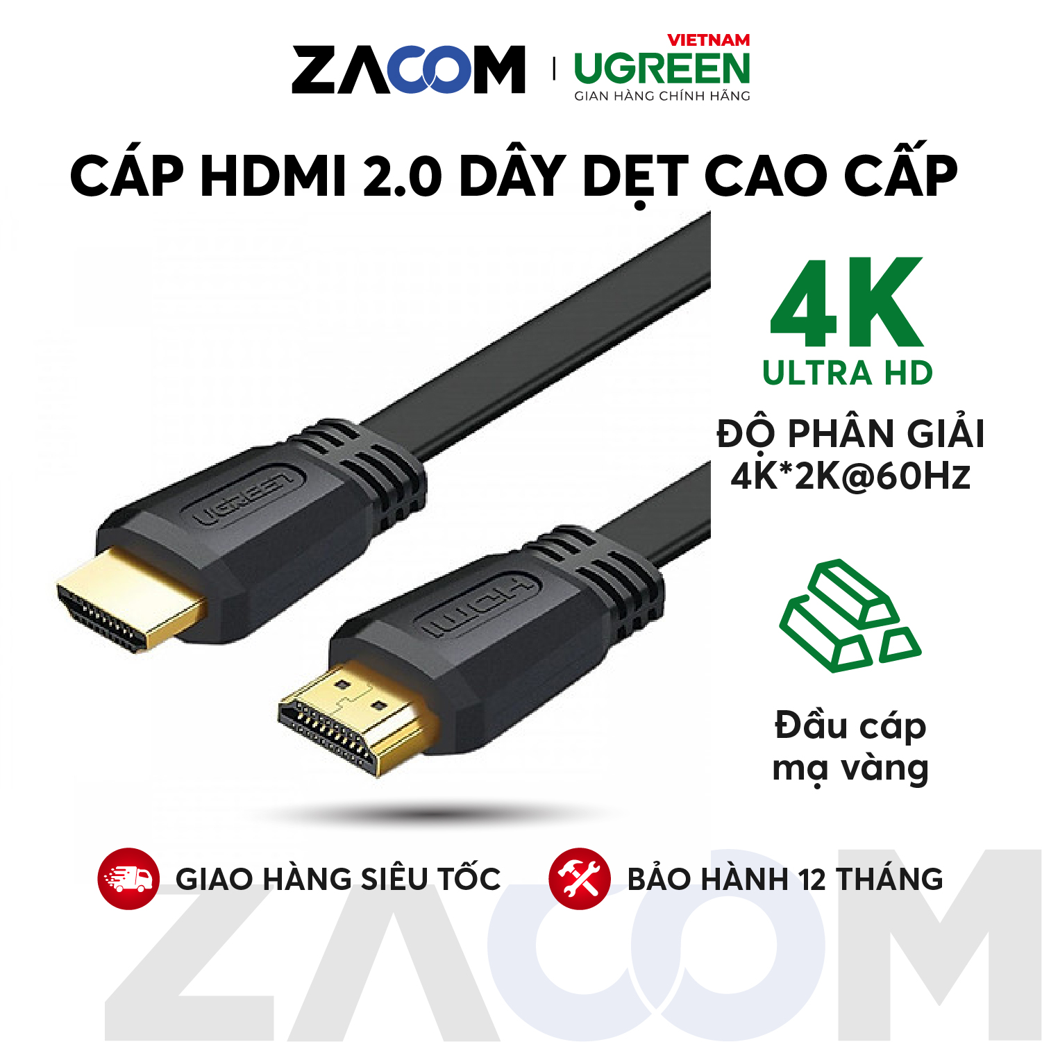 [HCM]Cáp HDMI 2.0 hỗ trợ 4k*2k 3D Full HD1080 dạng dây dẹt UGREEN ED015