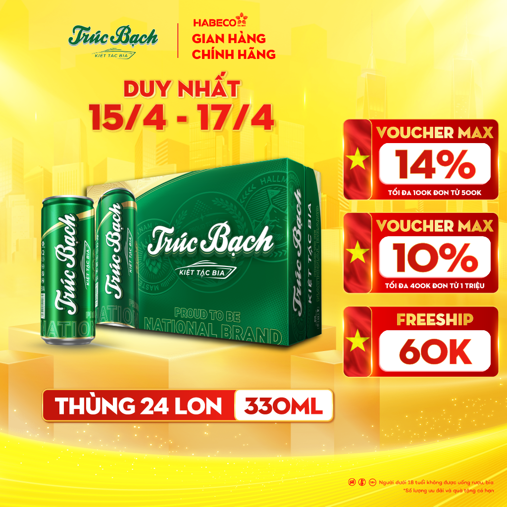 Thùng 24 lon Bia Trúc Bạch - HABECO (330ml/lon)