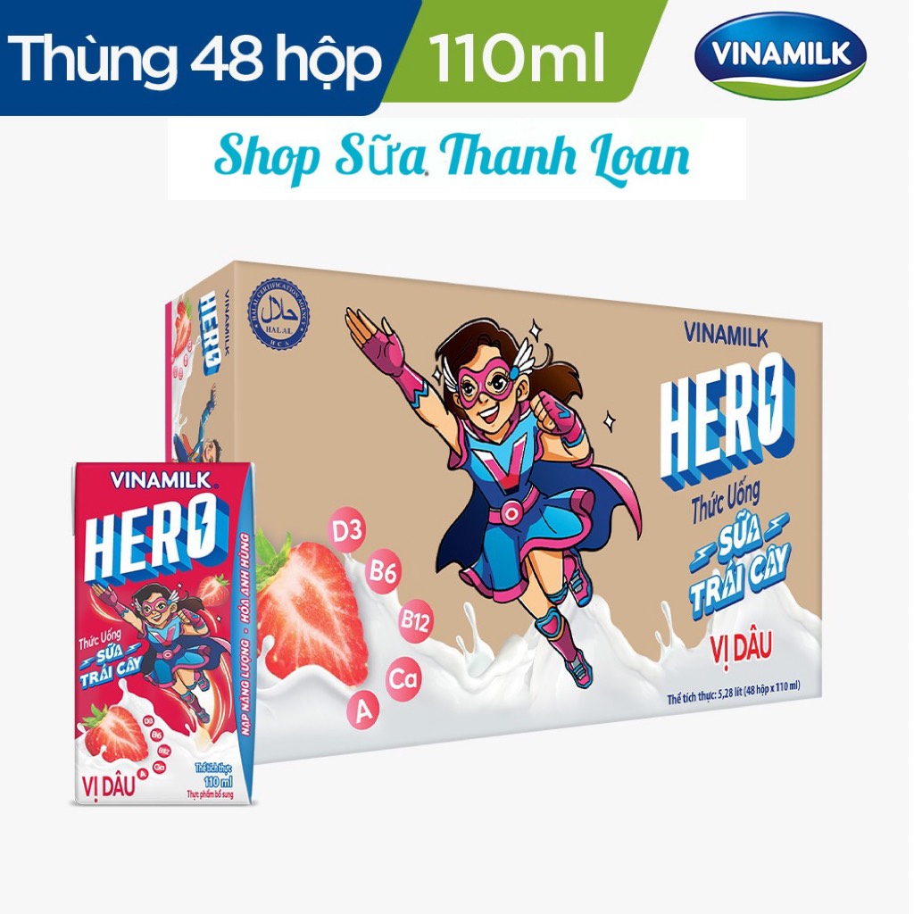 (HSD T12-2024) Thùng 48 Hộp Sữa Trái Cây HERO VỊ DÂU 110ml.