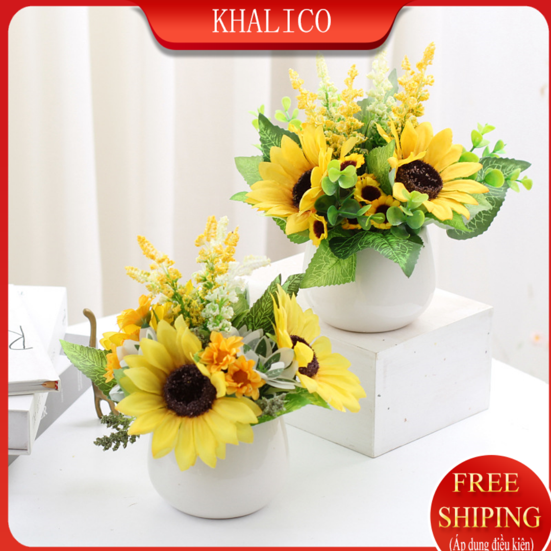 [FREESHIP] Hoa giả trang trí để bàn chậu sứ KHALIK, giỏ hoa hướng dương bonsai dễ thương HF007