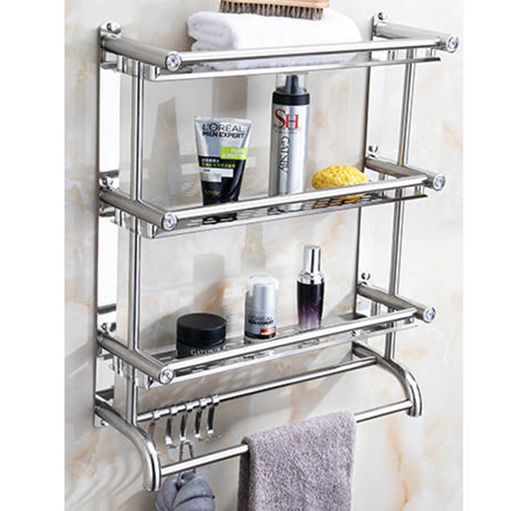 Kệ nhà tắm inox 4 tầng gắn tường không cần khoan để đồ mỹ phẩm có giá treo khăn & móc treo bông tắm chà lưng - Kệ nhà tắm dán tường