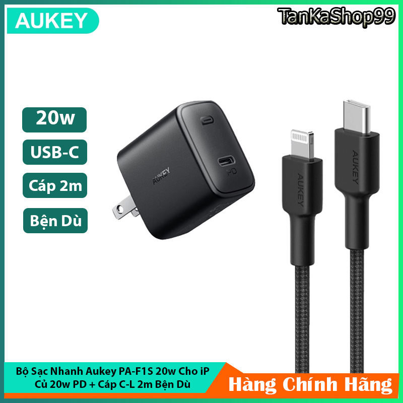 Bộ sạc nhanh aukey pa-f1s 20w cho iphone củ sạc usb-c pd và cáp usb-c to lightning 2m bện dù