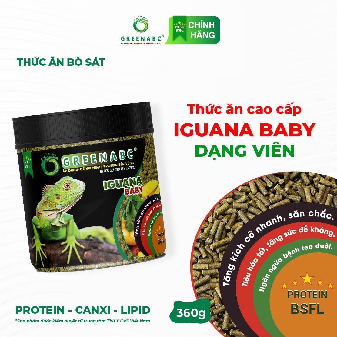 Thức ăn IGUANA BABY dạng VIÊN GREENABC- Dành cho Igu từ 5x đến 9x, phát triển toàn diện cơ thể - Hộp 360g