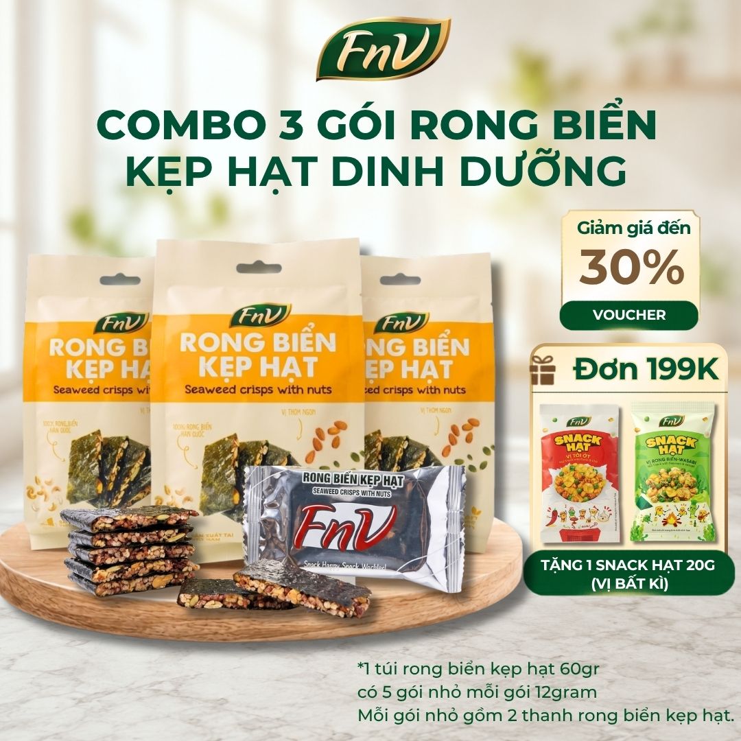 Combo 3 gói rong biển kẹp hạt dinh dưỡng mix gạo lứt ăn vặt không đường FNV 3 gói x 60g