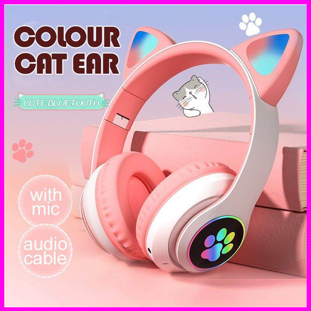 Tai Nghe Mèo VZV Có Đèn Led  Kết Nối Bluetooth 5.0 Tai Headphone Có Micro Hỗ Trợ Điều Chỉnh Âm Lượng Có Cổng AUX  Âm Thanh Cực Sống Động
