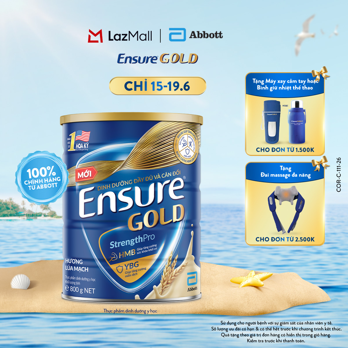 [CHỈ 15-19.06 QUÀ TẶNG CHO ĐH 1500K/2500K-SLCH] Lon sữa bột Ensure Gold hương lúa mạch 800g