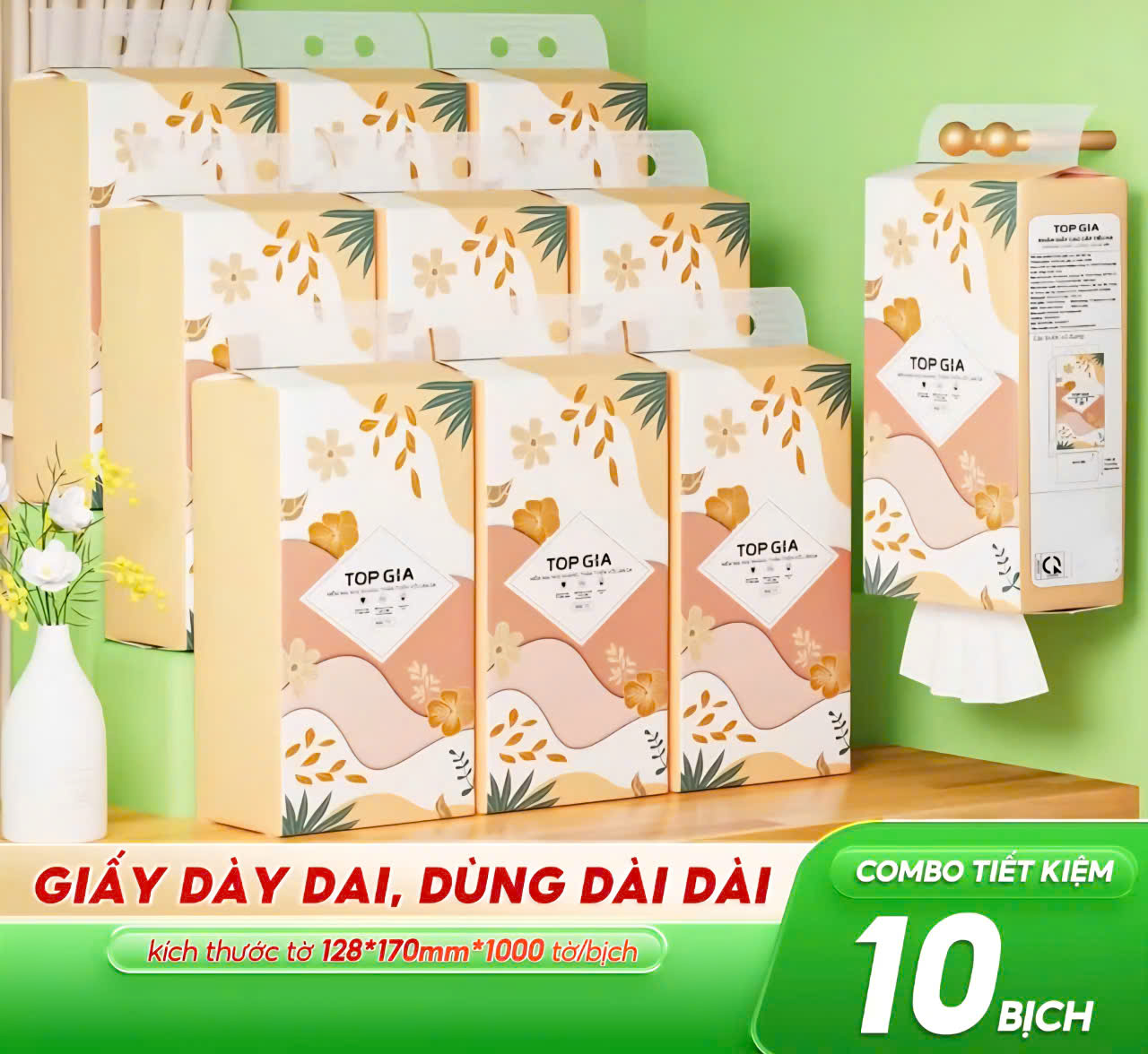 Thùng 10 bịch giấy treo đa năng GiaGia Top Gia, Khăn rút vệ sinh treo tường 4 lớp, bịch 1000 tờ