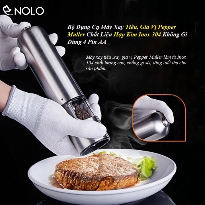 Bộ Dụng Cụ Máy Xay Tiêu, Gia Vị Pepper Muller Chất Liệu Hợp Kim Inox 304 Không Gỉ Dùng 4 Pin AA