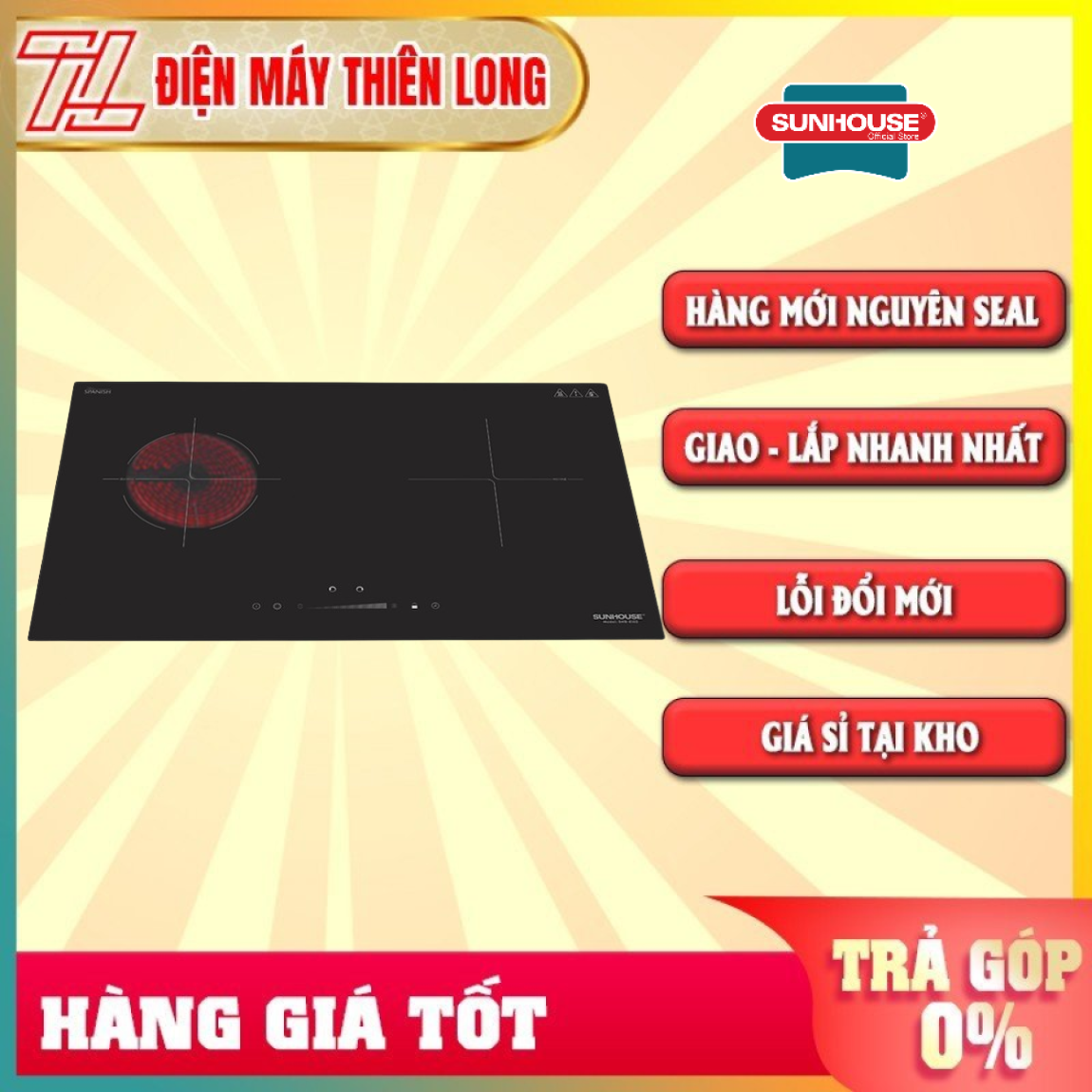 Bếp đôi điện từ hồng ngoại SUNHOUSE SHB EI02 - Mặt kính cao cấp chịu lực chịu nhiệt tốt Bảng điều khiển cảm ứng hiện đại Tự động ngắt khi quá tải Chế độ hẹn giờ khóa trẻ em tiện lợi