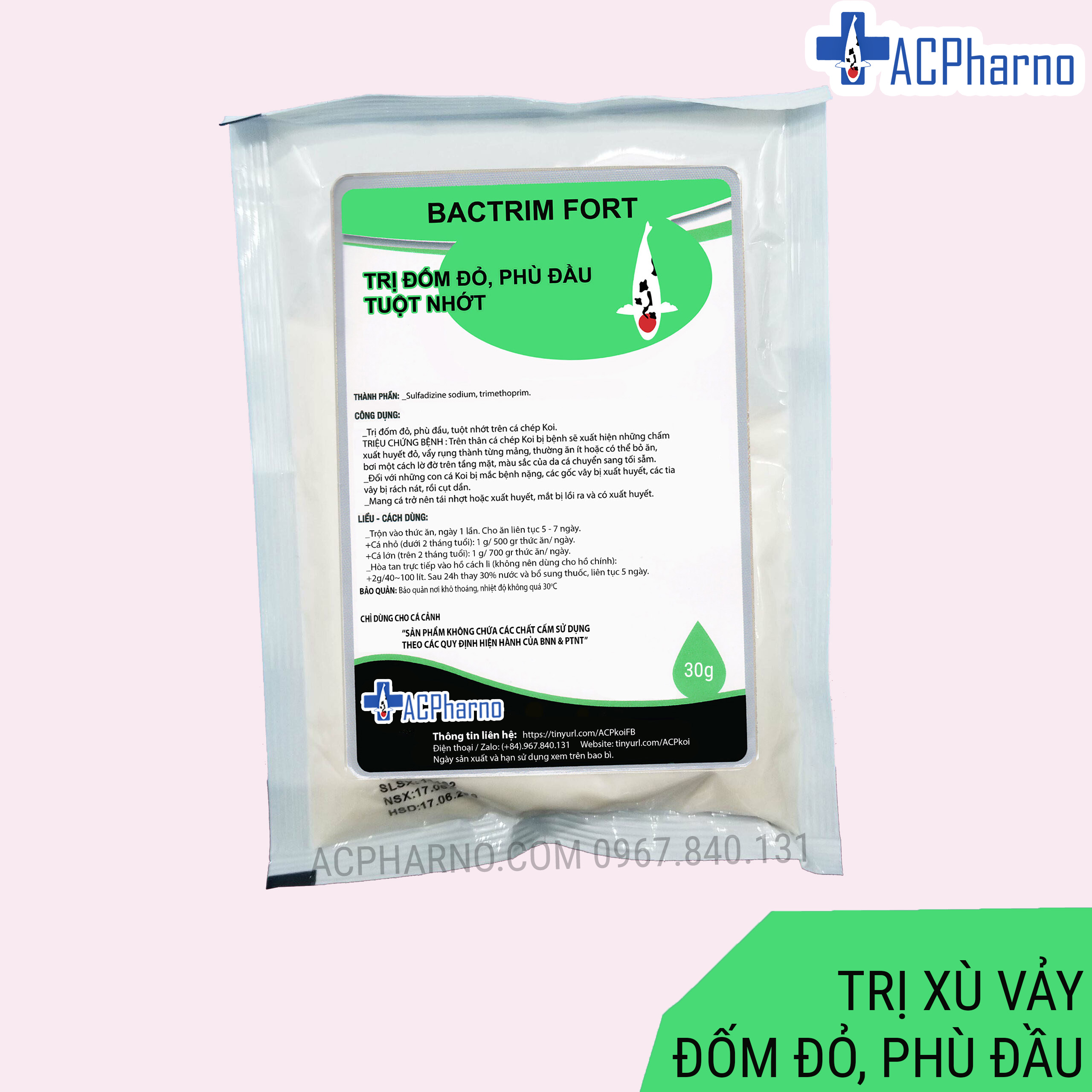 [HCM]Bactrim Fort trị chữa đốm đỏ, lồi mắt, tróc rụng vảy, xuất huyết ,phù đầu trên cá chép Koi - Thuoc chua tri xù vảy Bactrim Fort 30g dành cho cá Koi