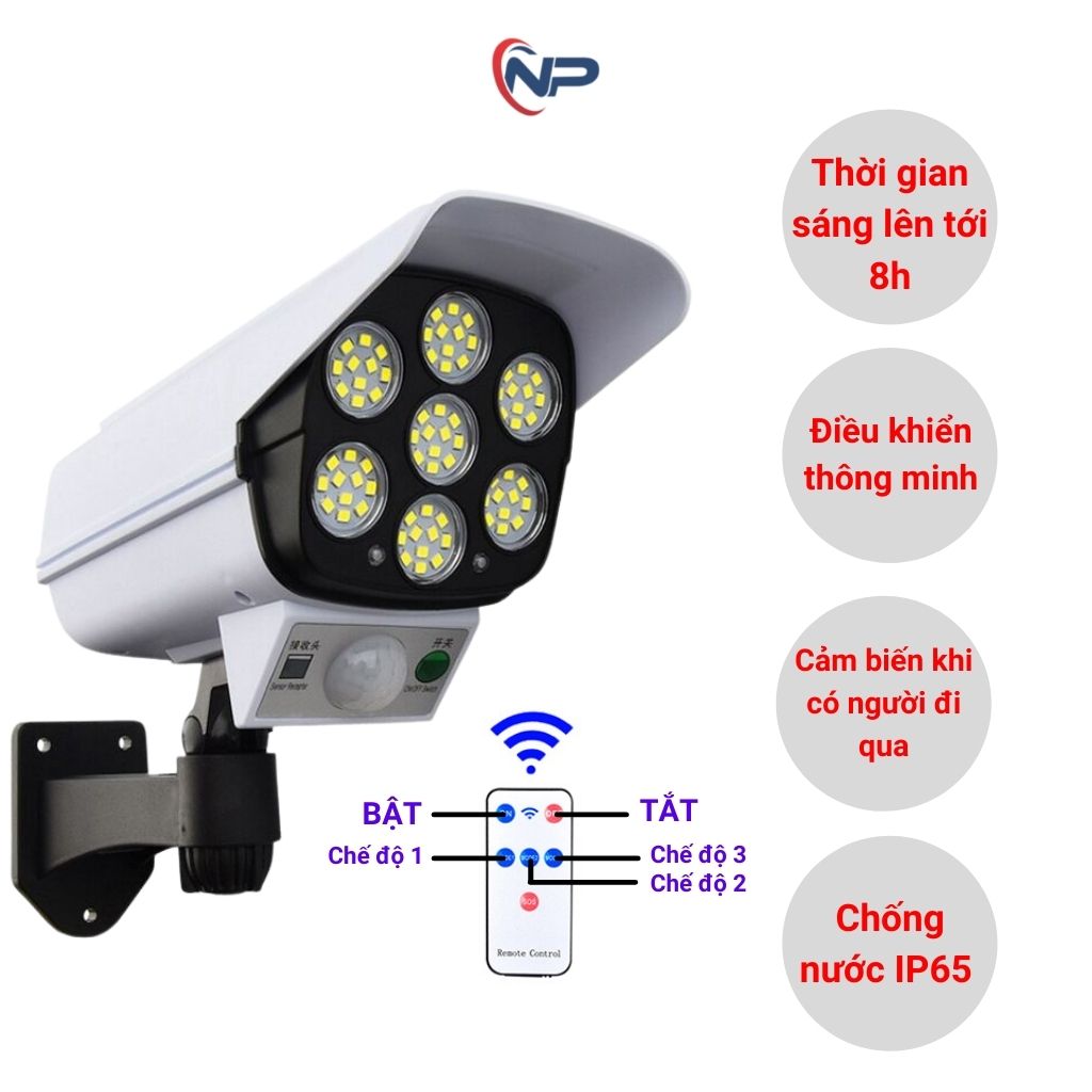 Đèn năng lượng mặt trời, đèn giả camera chống trộm NHATPHONGSOLAR, 77 mắt led, 3 chế độ sáng, cảm biến ánh sáng, có điều khiển, chống nước ip65, quà tặng 4 nút bịt  ổ cắm