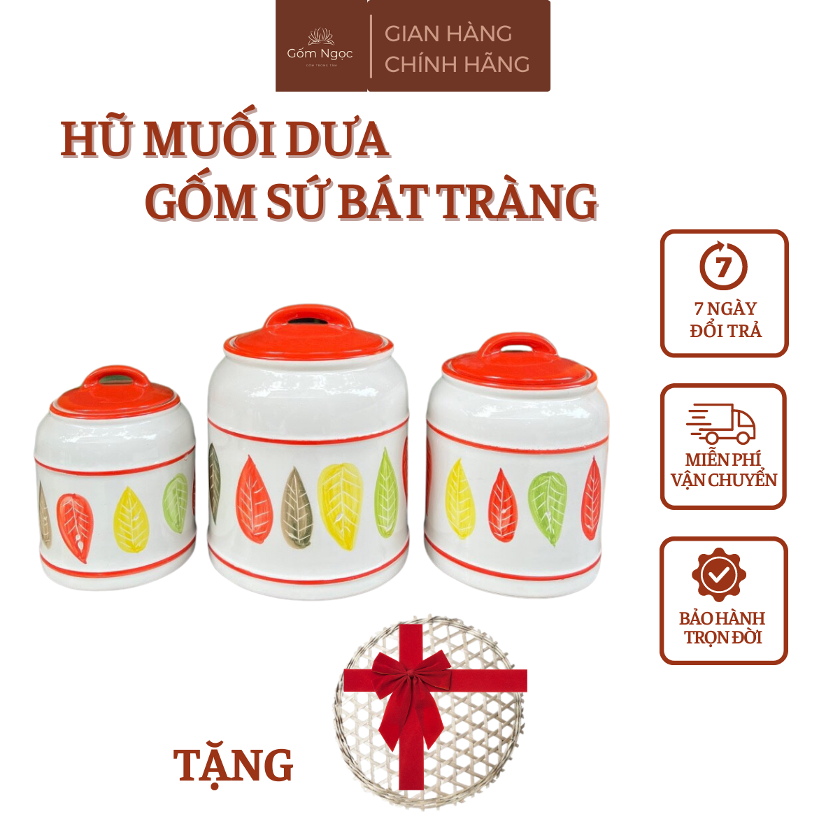 Hũ vại muối dưa cà đựng muối mỡ đường đồ khô Gốm sứ Bát Tràng tặng vỉ nén