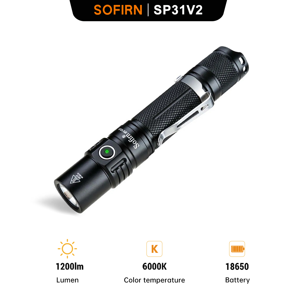 Sofirn SP31 V2.0 Powerful Tactical LED Flashlight 18650 XPL HI 1200lm Torch Light Lamp with Dual Switch Power Indicator ATR