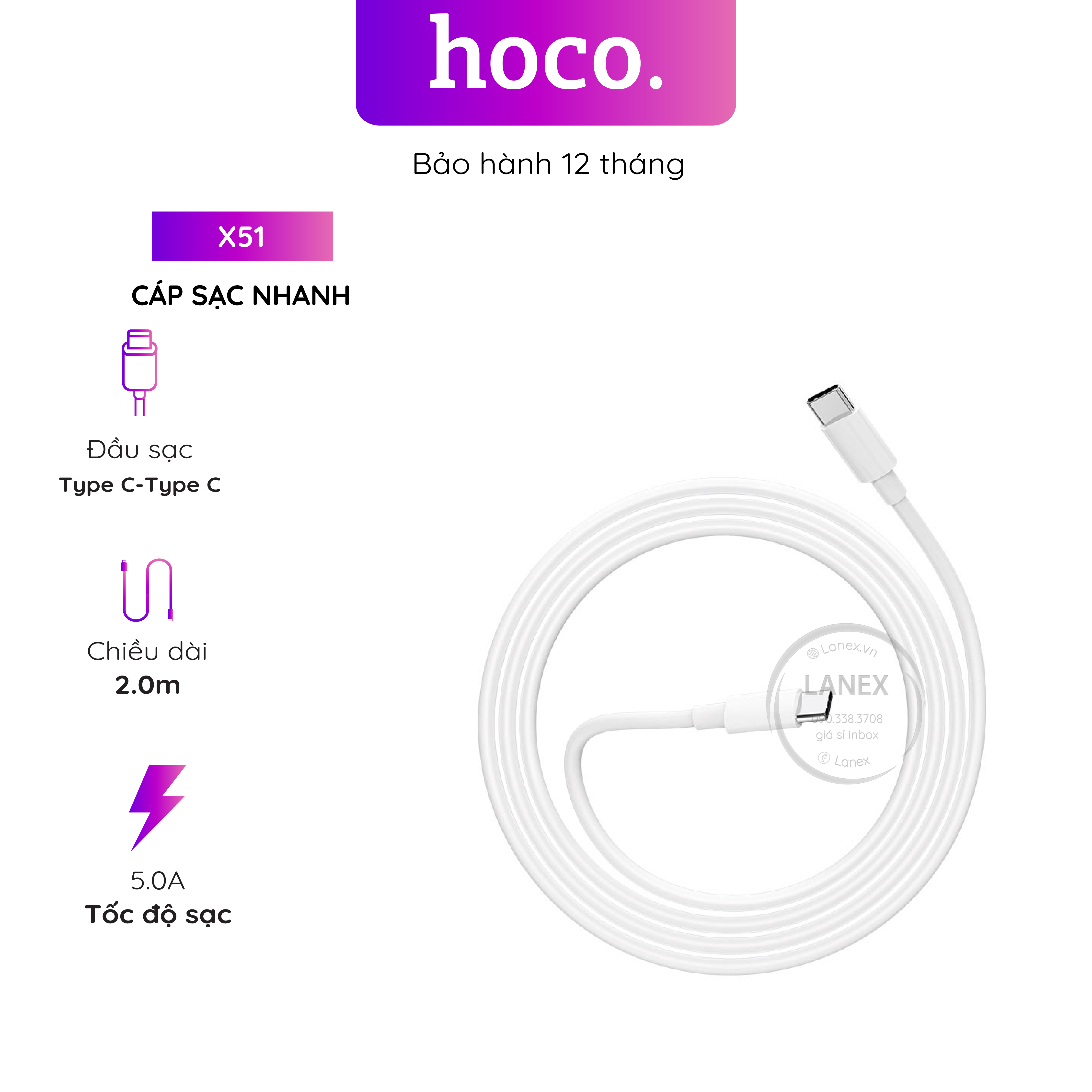 Cáp sạc nhanh hoco x51 nhựa pvc type c to type c 5.0a dài 2.0m