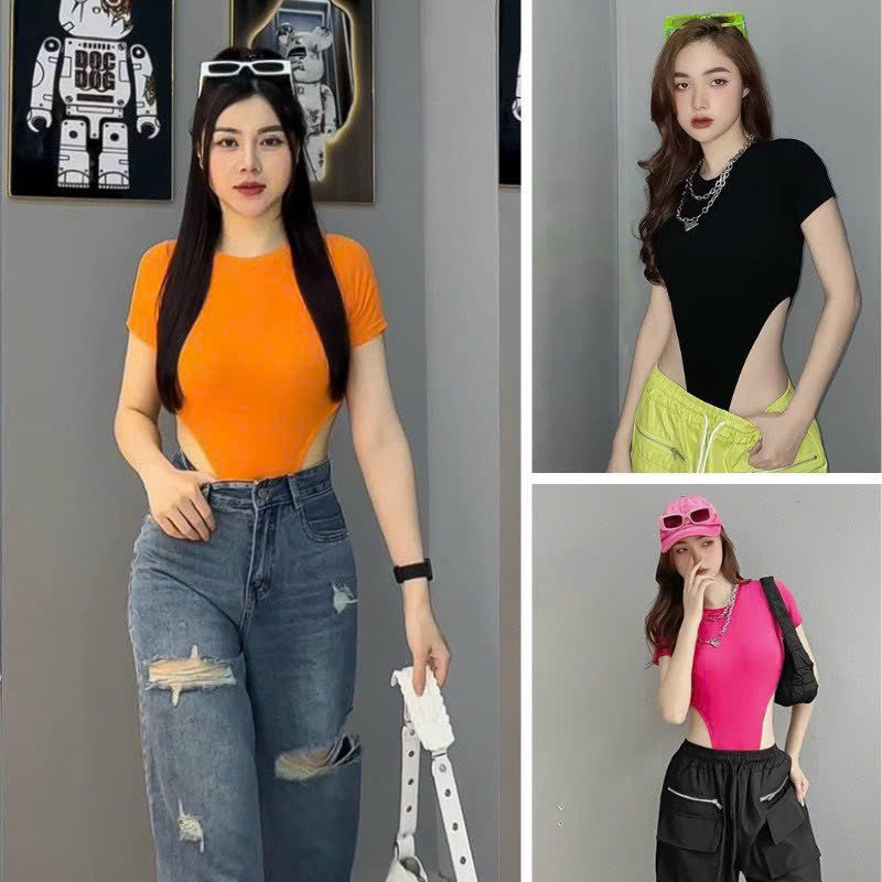 Áo Bodysuit khoét eo tay ngắn chất borip