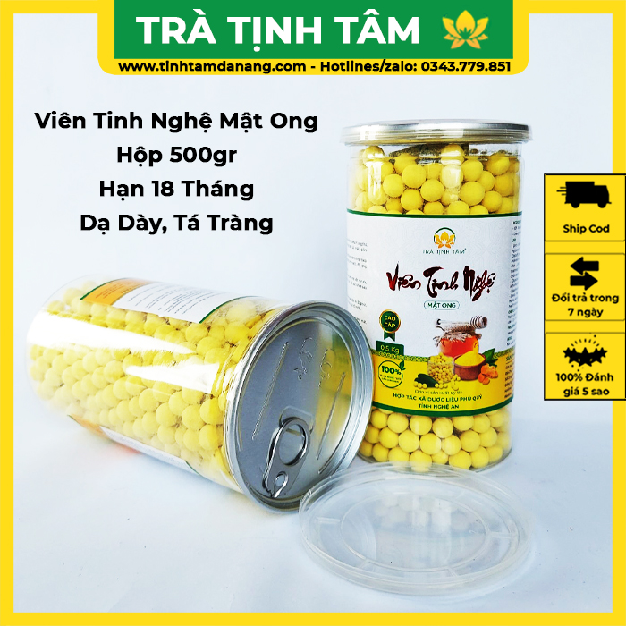 Viên tinh bột nghệ mật ong rừng Phủ Quỳ Nghệ An 37 cao cấp hộp 500gr Tịnh Tâm nguyên chất giúp đẹp và tốt cho tiêu hóa