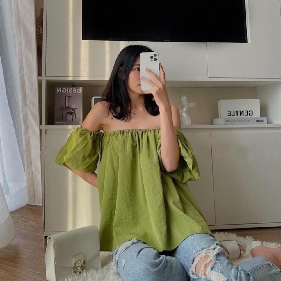 Áo trễ vai tay bồng 2 lớp - áo kiểu nữ chất đũi quandat88