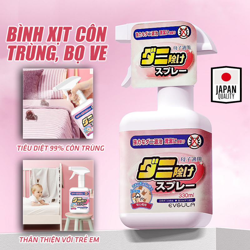 Bình xịt diệt bọ ve, bọ rệp, mạt bụi Nhật Bản EVGULA 330ml chiết xuất thiên nhiên sử dụng tới 4000 lần xịt