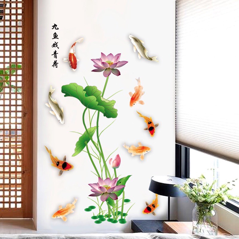 Tranh dán tường 3D Cửu ngư liên hoa, Tranh hoa sen và cá KT 70x135cm, Decal trang trí phòng