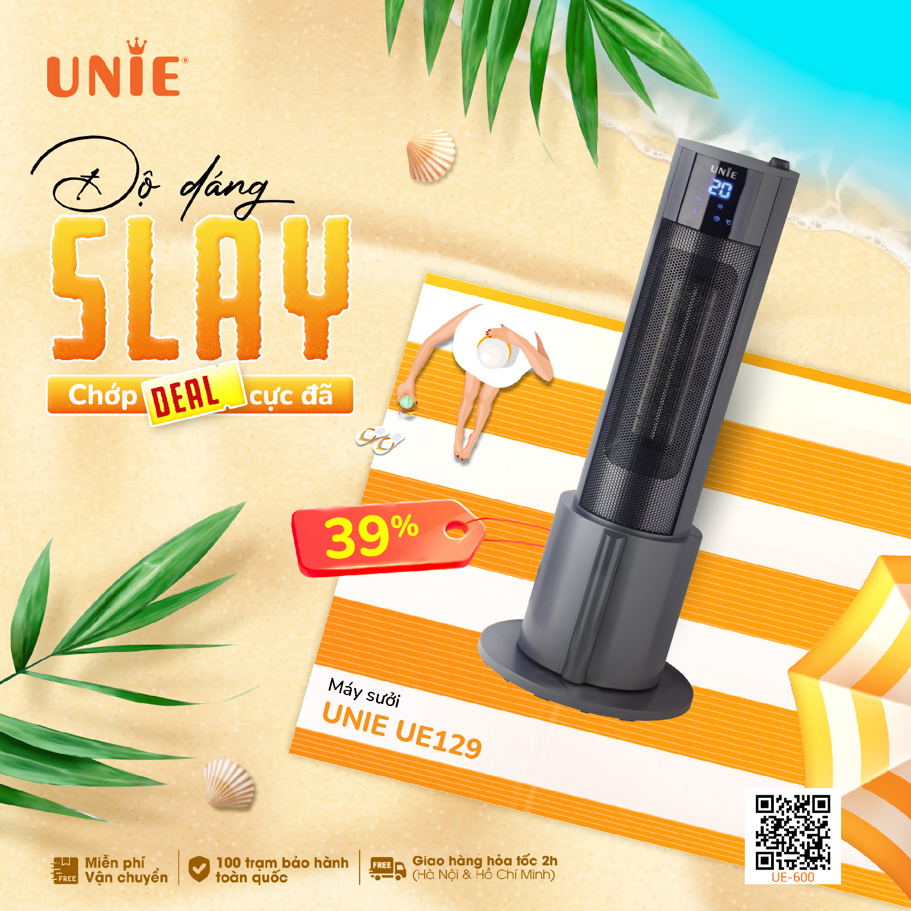 Máy sưởi gốm UNIE UE-129 công suất 2200W cảm biến tự ngắt, màn hình cảm ứng siêu nhạy