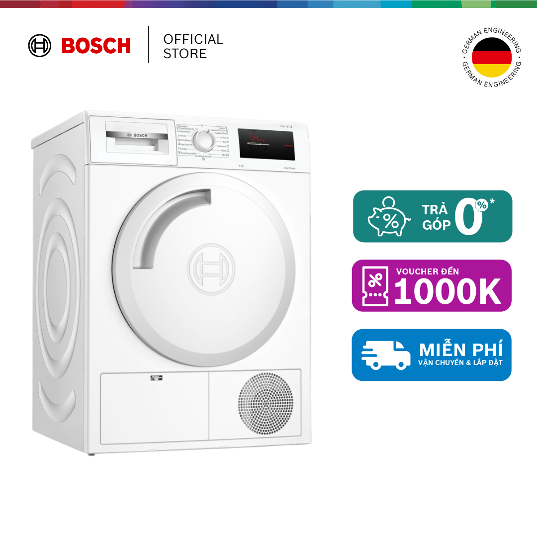 [Duy nhất 25.07 | Voucher Lazada giảm đến 1.5TR] Máy sấy bơm nhiệt 8Kg Bosch WTH83008SG- Series 4