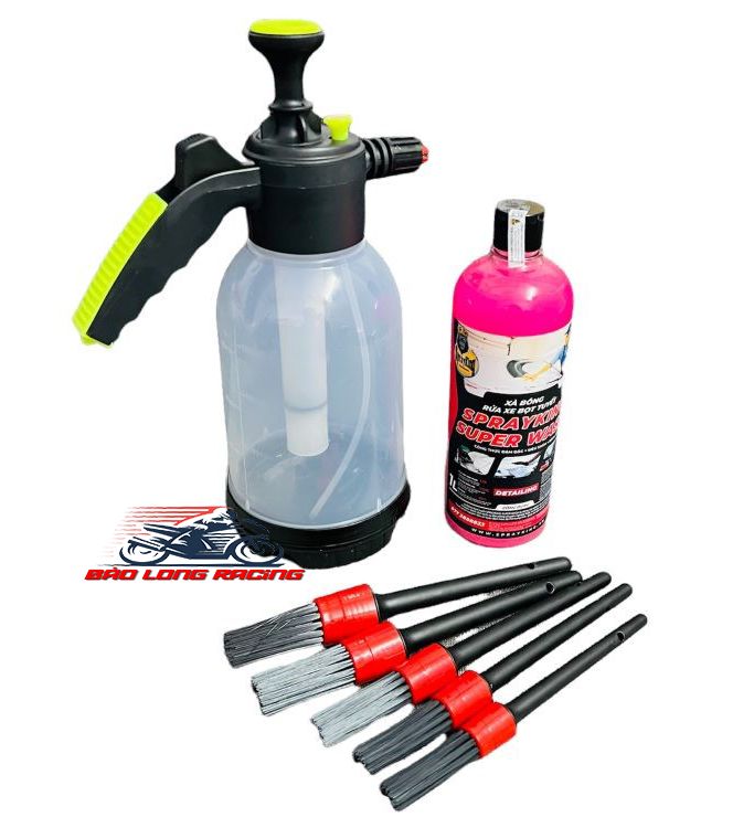 Combo Bình Bọt Tuyết Tặng kèm Xà Bông Sprayking 1 lít và Cọ 5 cây chuyện dụng Rửa xe máy oto (Shop có bán lẻ từng món)