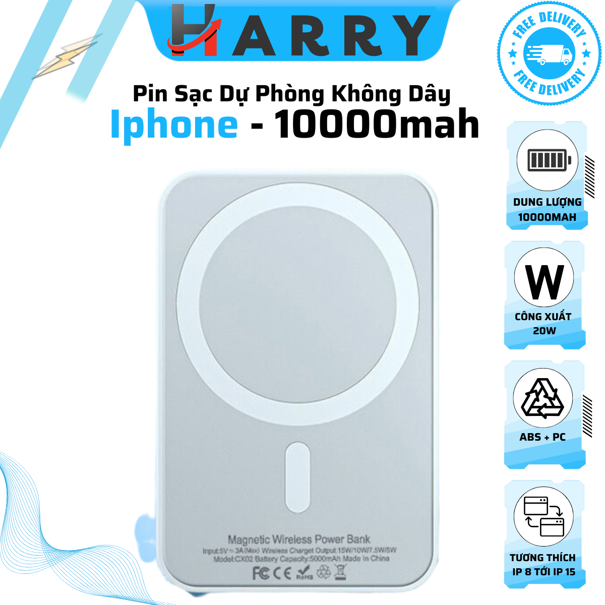 Pin Sạc Dự Phòng Không Dây Iphone 10000mah Iphone8/X/11/12/13/14/15 Công Xuất Lớn 20W Nam Châm Mặt Lưng Sạc Nhanh Iphone An Toàn HARRY MALL