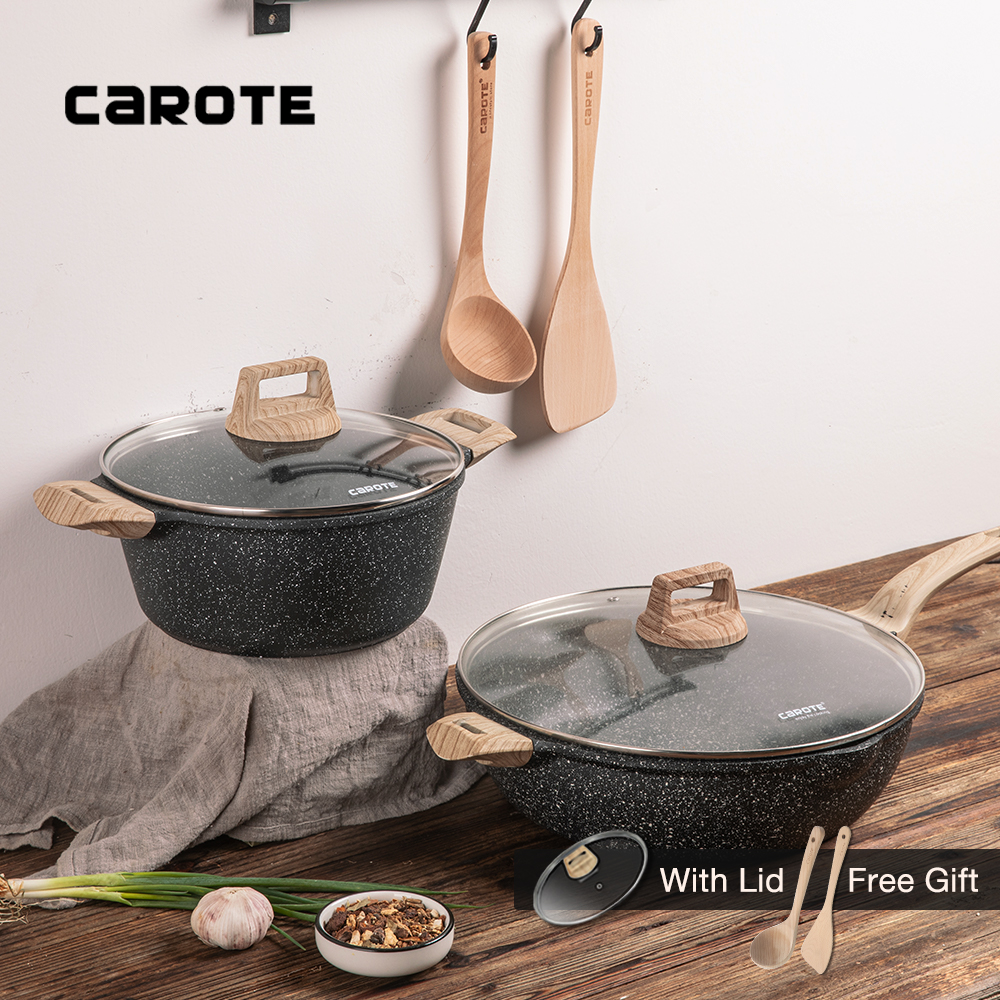 Bộ chảo đá chống dính carote® essential woody - chảo sâu lòng 24/30/32cm và nồi hầm 24/28cm - màu xám có nắp kèm sạn và muôi gỗ phù hợp bếp từ