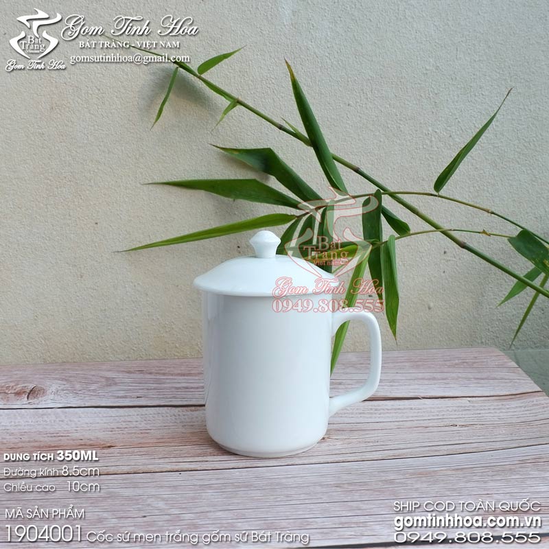 Ly sứ có nắp 350ml men trắng gốm sứ Bát Tràng