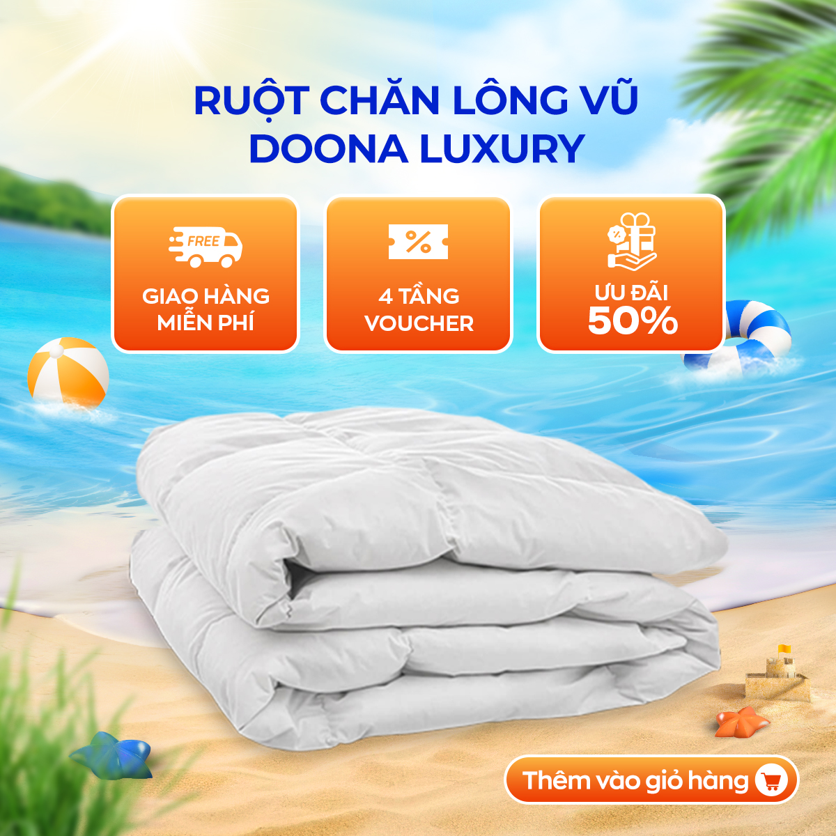 Ruột chăn lông vũ tự nhiên Doona Luxury 70% lông nhung, siêu nhẹ, ấm áp, thoáng khí