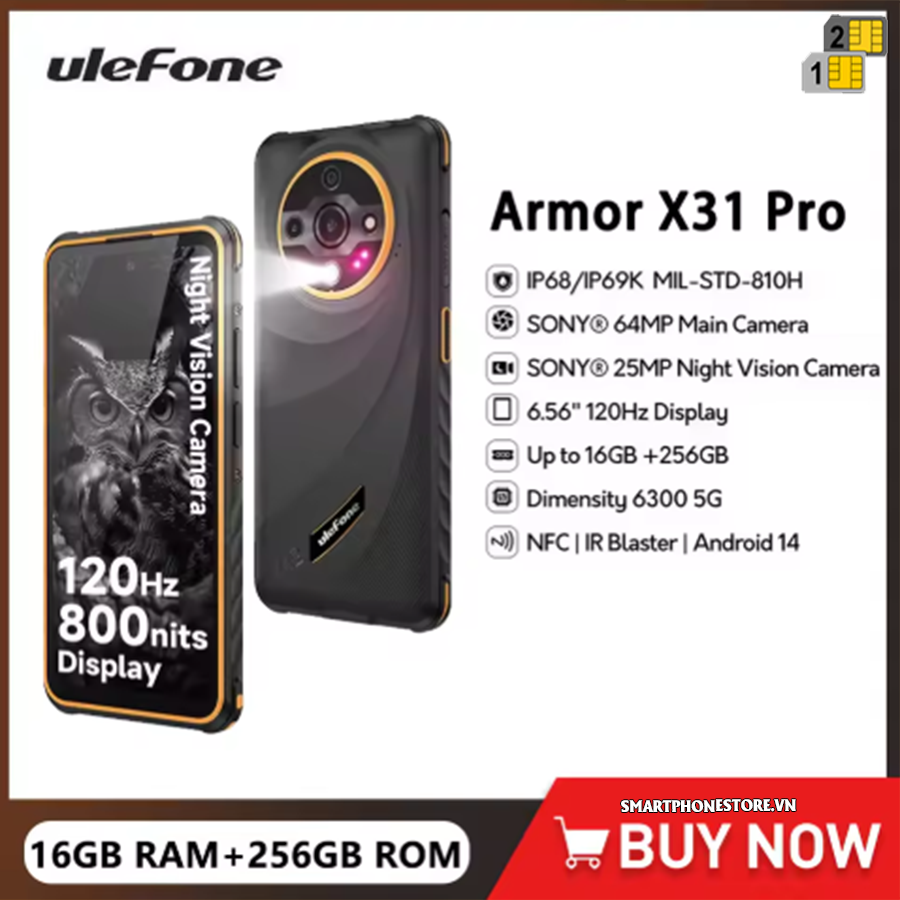 Điện thoại Ulefone Armor X31 Pro 5G (màn hình 6.56 inch, Android 14 RAM 16GB(8GB+8GB),rom 256GB, Tầm nhìn ban đêm)