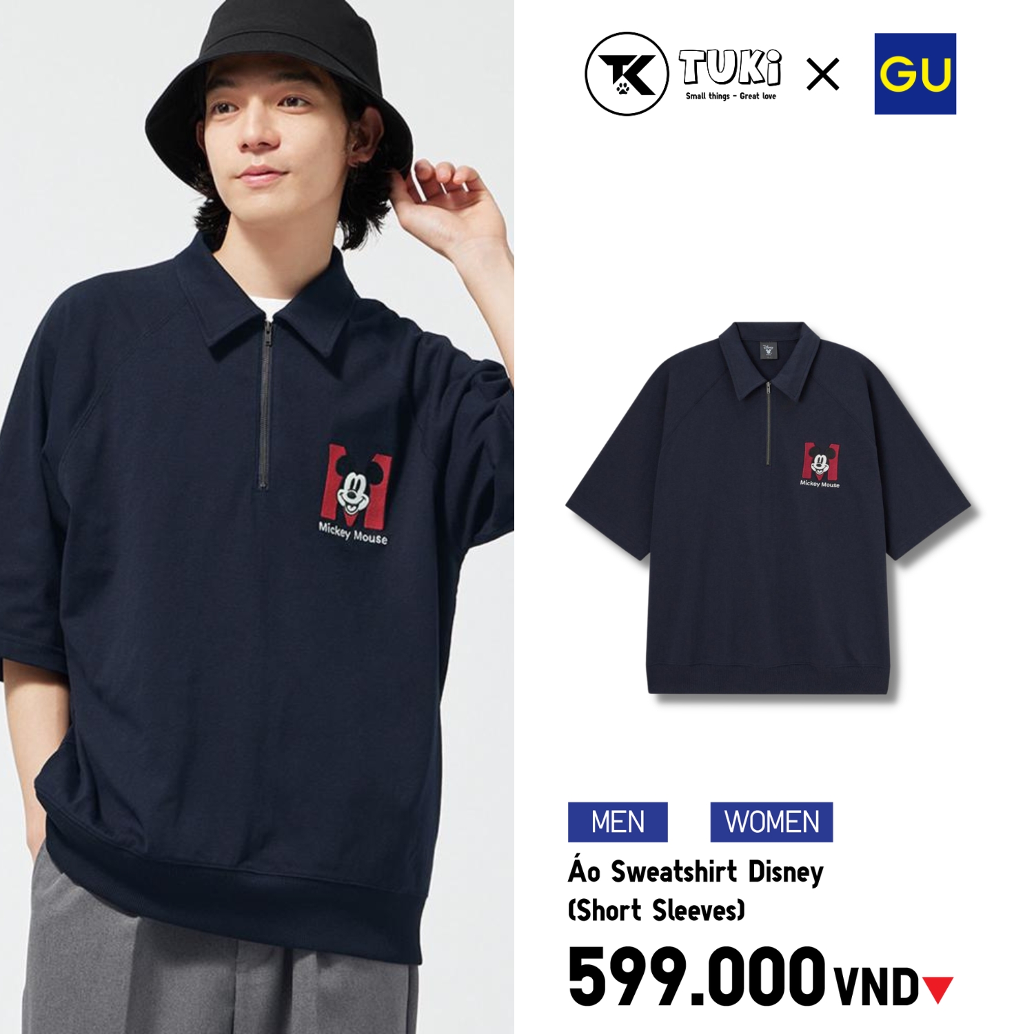 Áo sweatshirt gu nhật disney khóa zip tay lửng 3/4 - gu nhật bản chính hãng - mã sản phẩm 346098