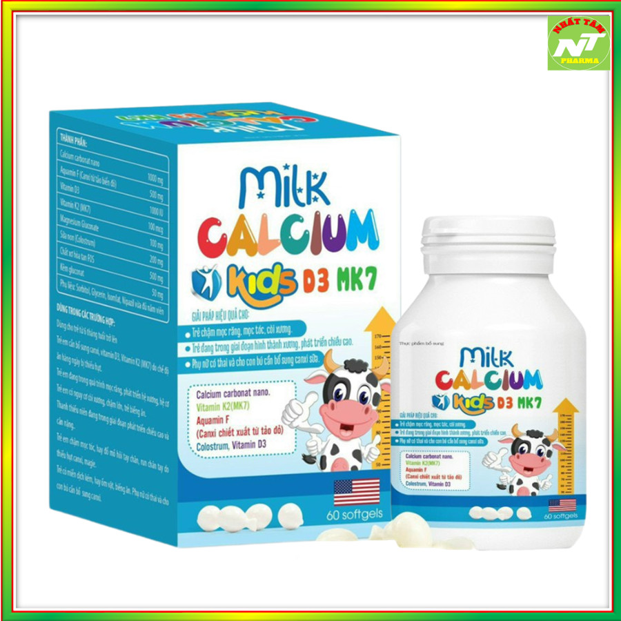 Viên Uống Milk Calcium Kids D3 MK7 Giải Pháp Tốt Cho Trẻ Chậm Mọc Răng, Mọc Tóc, Còi Xương, Cung Cấp Vitamin, Canxi Giúp Hệ Xương Răng Chắc Khỏe - Nhất Tâm Pharma