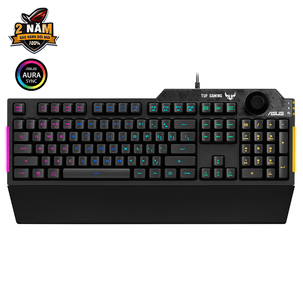 Bàn phím cơ quang gaming ASUS TUF GAMING K1, Aura Sync, đệm tay tháo rời, hống thấm nước lên đến 300 ml, núm âm lượng chuyên dụng