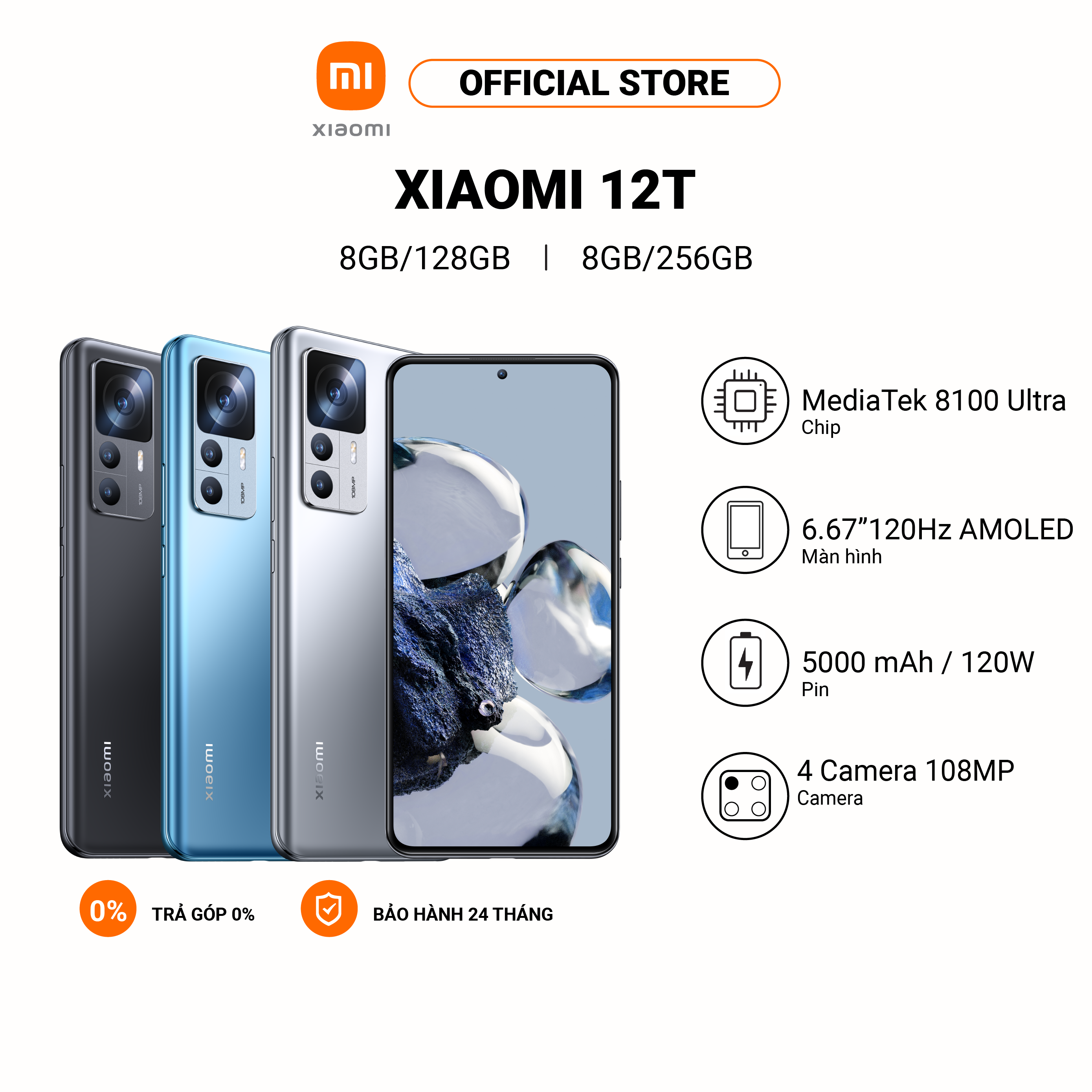 Điện thoại xiaomi 12t | màn hình oled full hd 6.67" | bộ vi xử lý mediatek dimensity 8100 ultra | pin 5000mah