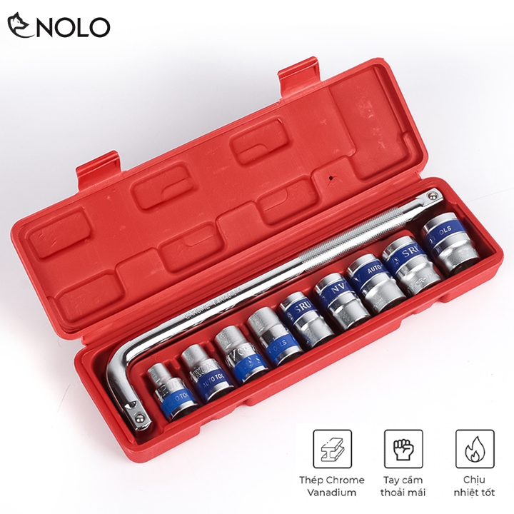 Bộ dụng cụ vặn đai ốc gồm cần siết 1/2 chữ l và 9 đầu tuýp lục giác 1/2 cỡ 8, 10, 12, 14, 16, 17, 19, 21, 24mm kèm hộp đựng