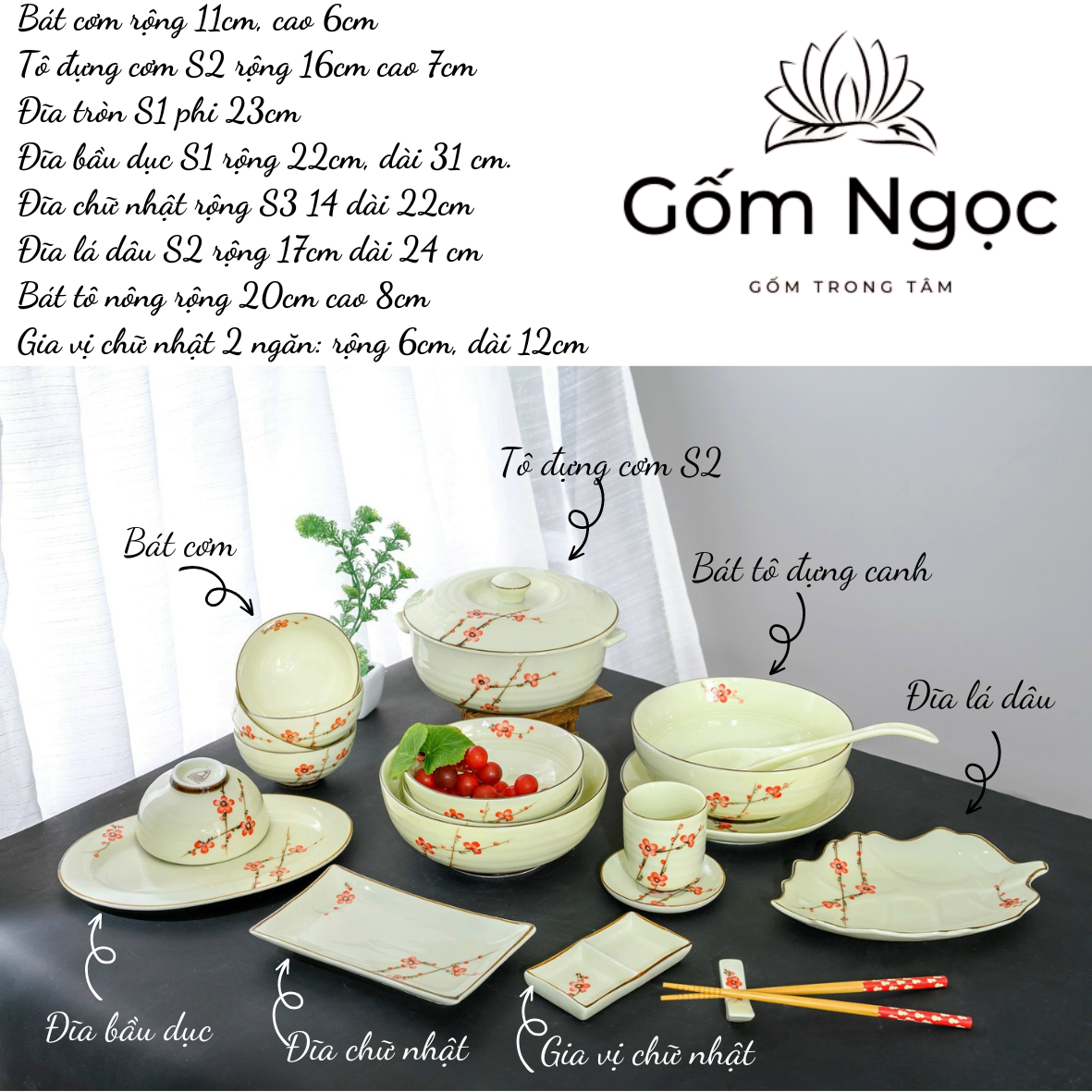 Bộ bát đĩa gốm sứ Bát Tràng mầu trắng hoa đào an toàn chịu nhiệt bền