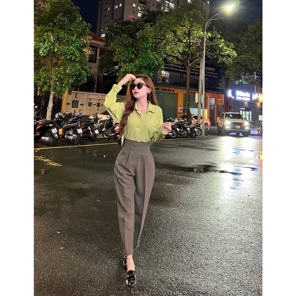 Quần tây nữ lưng cao đi học quần vải baggy cạp v siêu cao nữ mặc làm