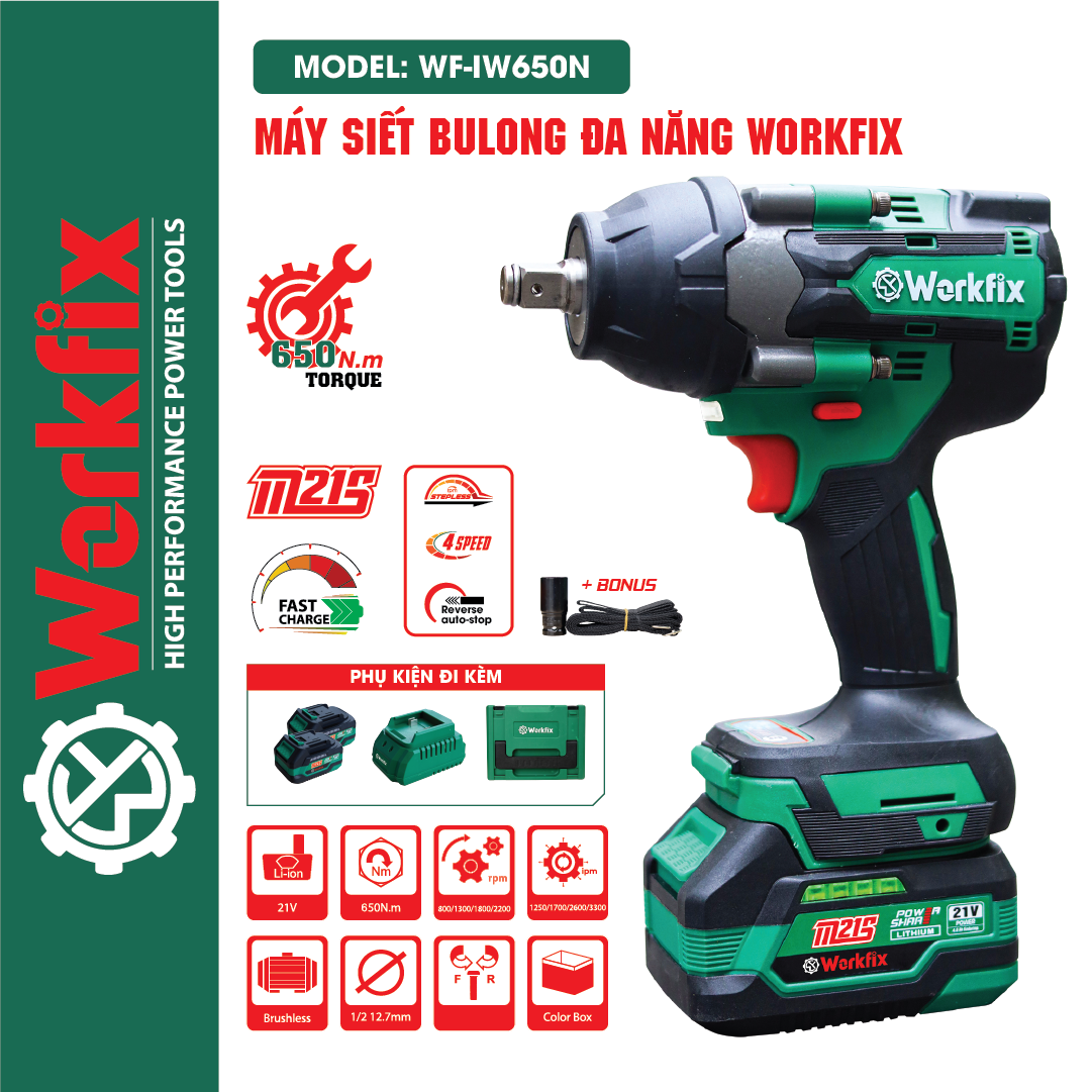Máy Siết bulong pin Workfix WF-IW650N chân pin phổ thông, Lực siết 650NM, Chuyên siết mở nồi Xe tay ga, Xe Ôto, Xe tải