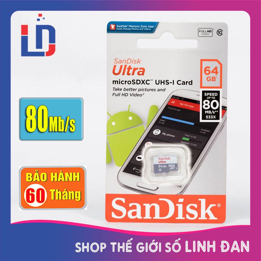 Thẻ nhớ micro SD sandisk Ultra 64GB class 10 U1 80Mb/s - New version - MUL 64