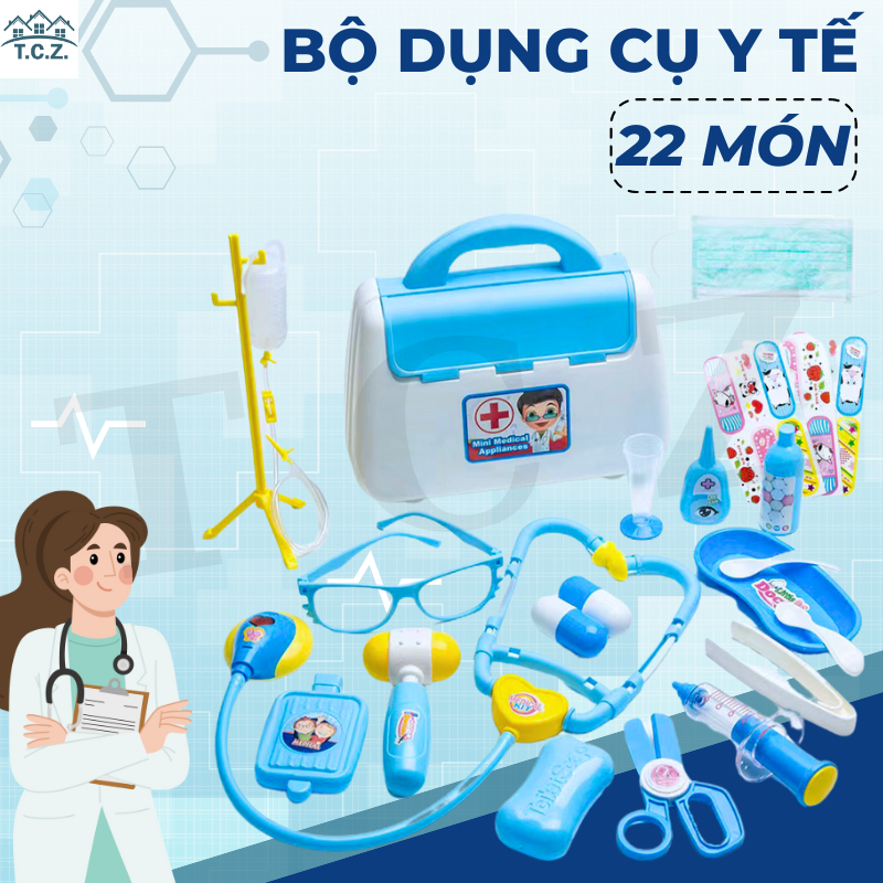 (Hàng sẵn) Bộ  đồ chơi nhập vai bác sĩ y tá khám bệnh 22 món  cho bé, phụ kiện có đèn nhấp nháy chân thật,  mô phỏng thiết bị y tế tinh tế, giúp trẻ phát triên khả năng tư duy sáng tạo không ngừng, đồ chơi bé gái bé trai..
