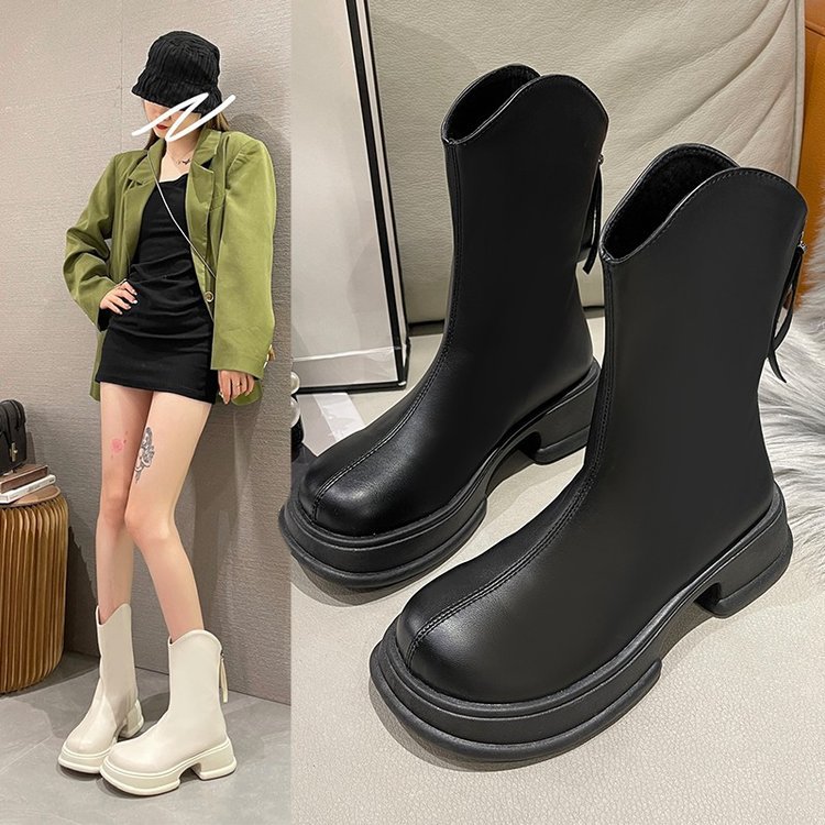 Giày Boots nữ thời trang bốt cổ lửng chất da lì khóa sau đế bánh mì đế gập hai màu basic hot trend