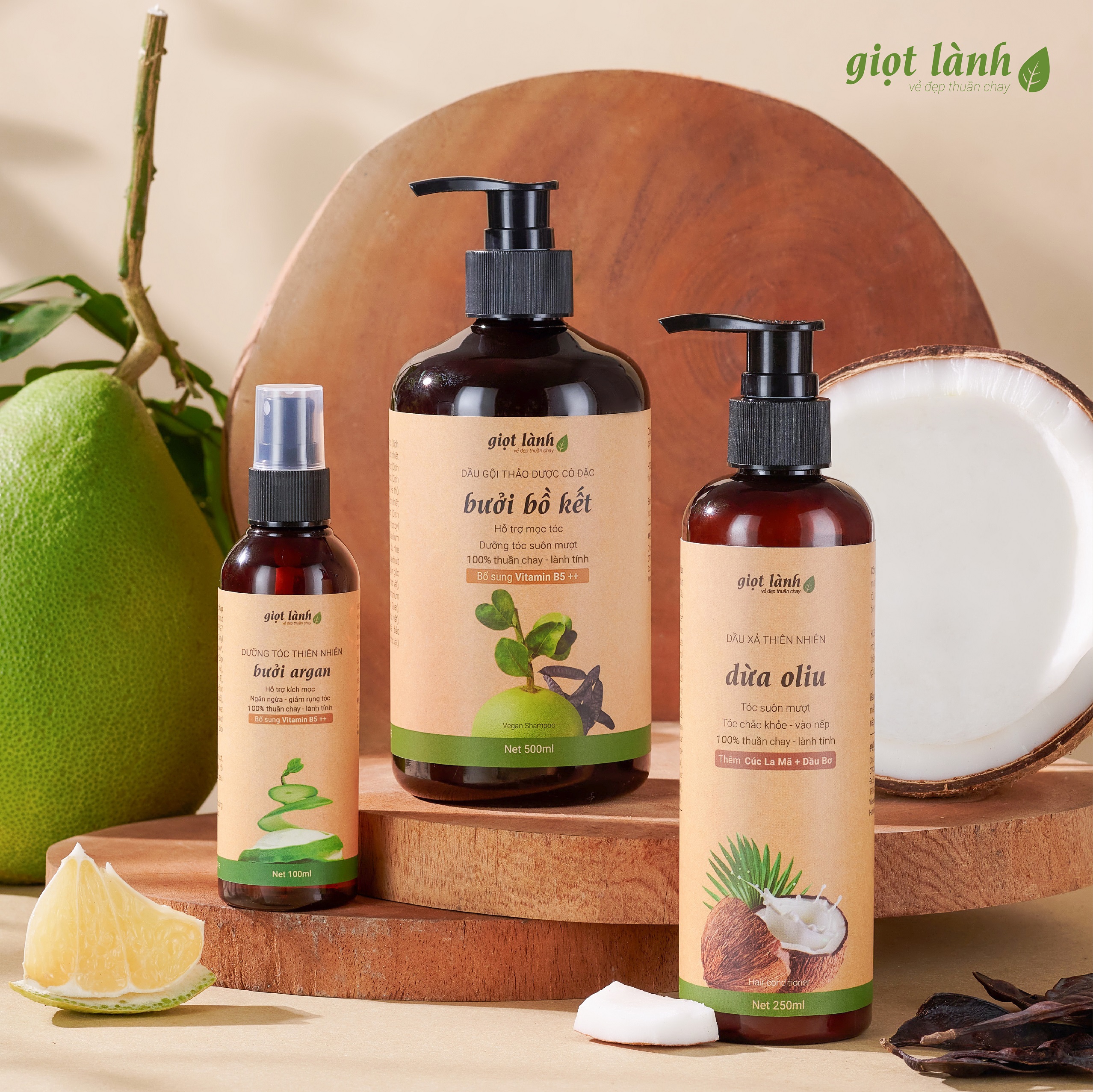 Combo Dầu gội bồ kết - Dầu xả thiên nhiên - Xịt tóc tinh dầu bưởi kích mọc tóc giảm gãy rụng Giọt Lành