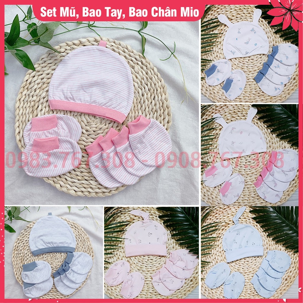 TRỌN BỘ Bộ Mũ Bao Tay Bao Chân Cho Bé Sơ Sinh Miomio - Cotton Mỏng Mio
